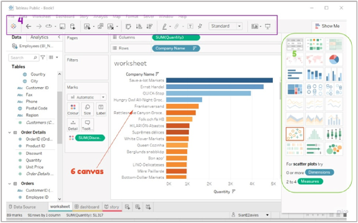 screenshot of a Tableau worksheet view showing the Toolbar, Canvas and Show Me