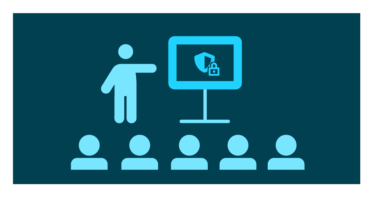 Icon showing staff security training. Trainer points to screen while staff attend.