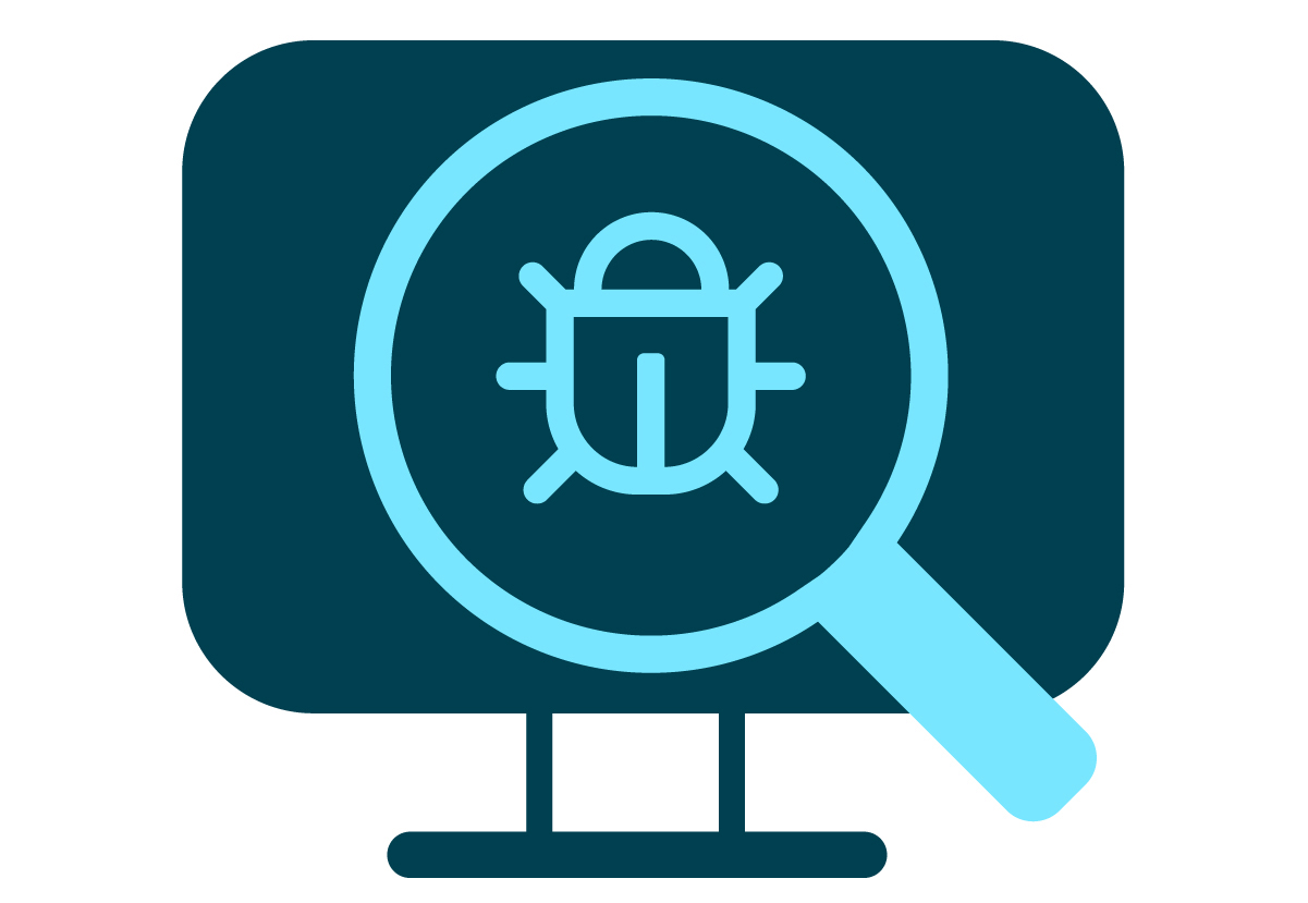 Icon of a magnifying glass hovering over a bug on a computer screen