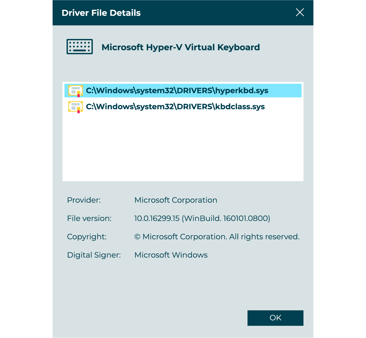 An example of a Driver File Details dialog box for a virtual keyboard driver. It details the provider, the file version, the copyright, and the digital signer.