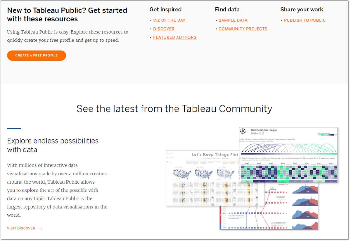 screenshot of The Tableau resources site with links to resources and the community