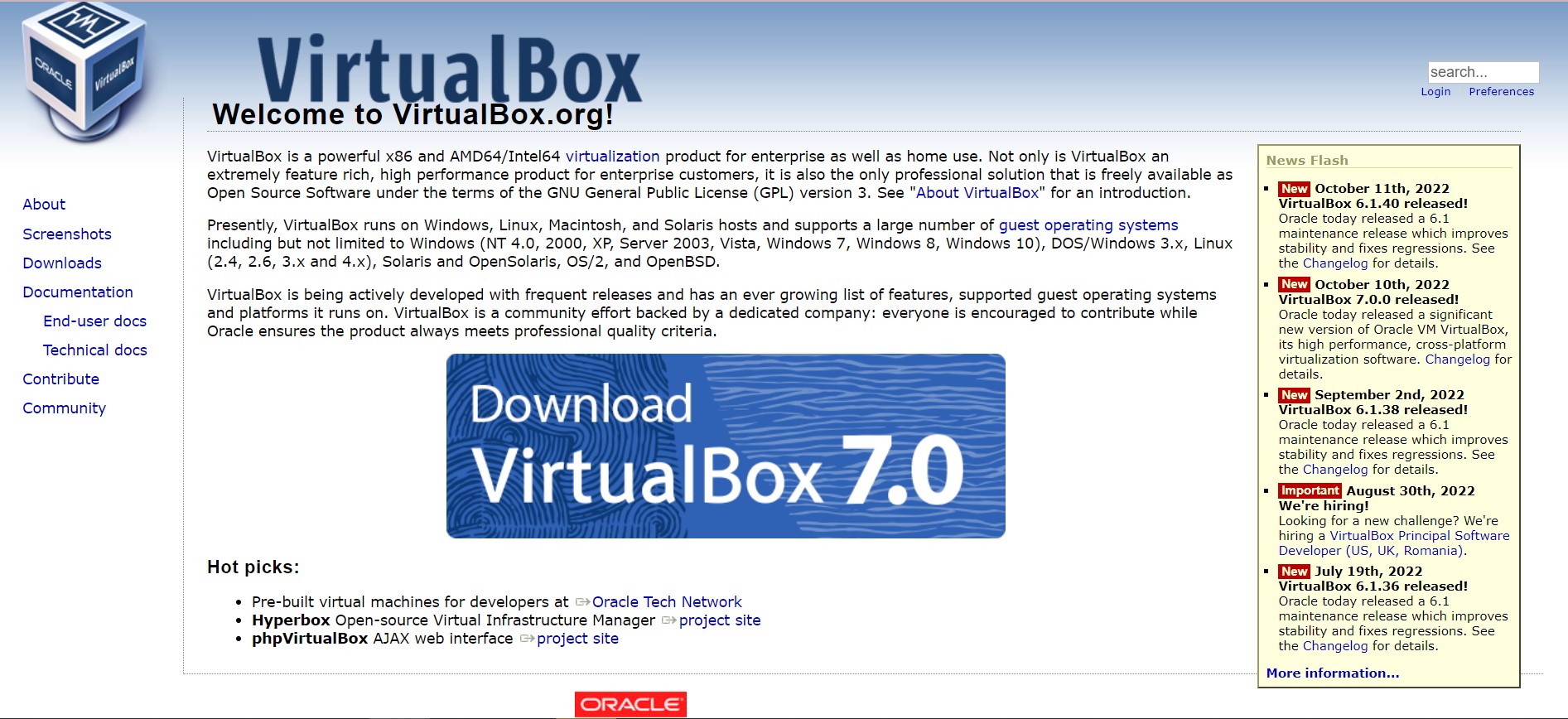 Decorative image: Screenshot of Virtualbox.org with a large blue download button