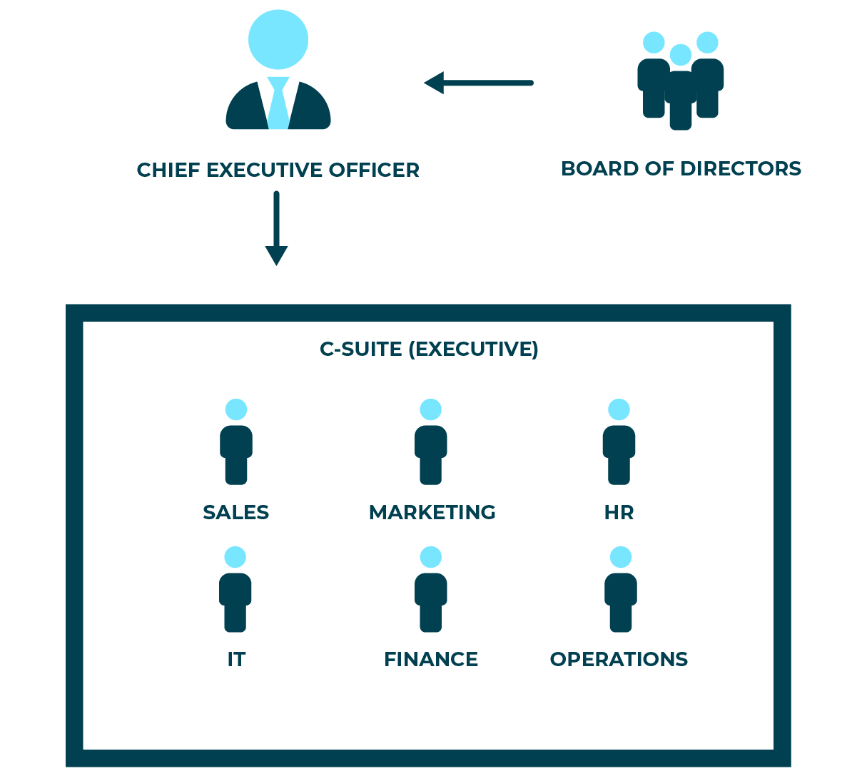 Diagram showing Chief Executive officer, the board of directors and the executive C-suite inc. Sales, Marketing and IT.
