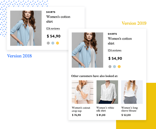 Decorative image: an example of the principle of objects. Version 2018 shows an image of a shirt, and basic information about the product. Version 2019 shows the same image and information, with an additional section showing related products below the original content.