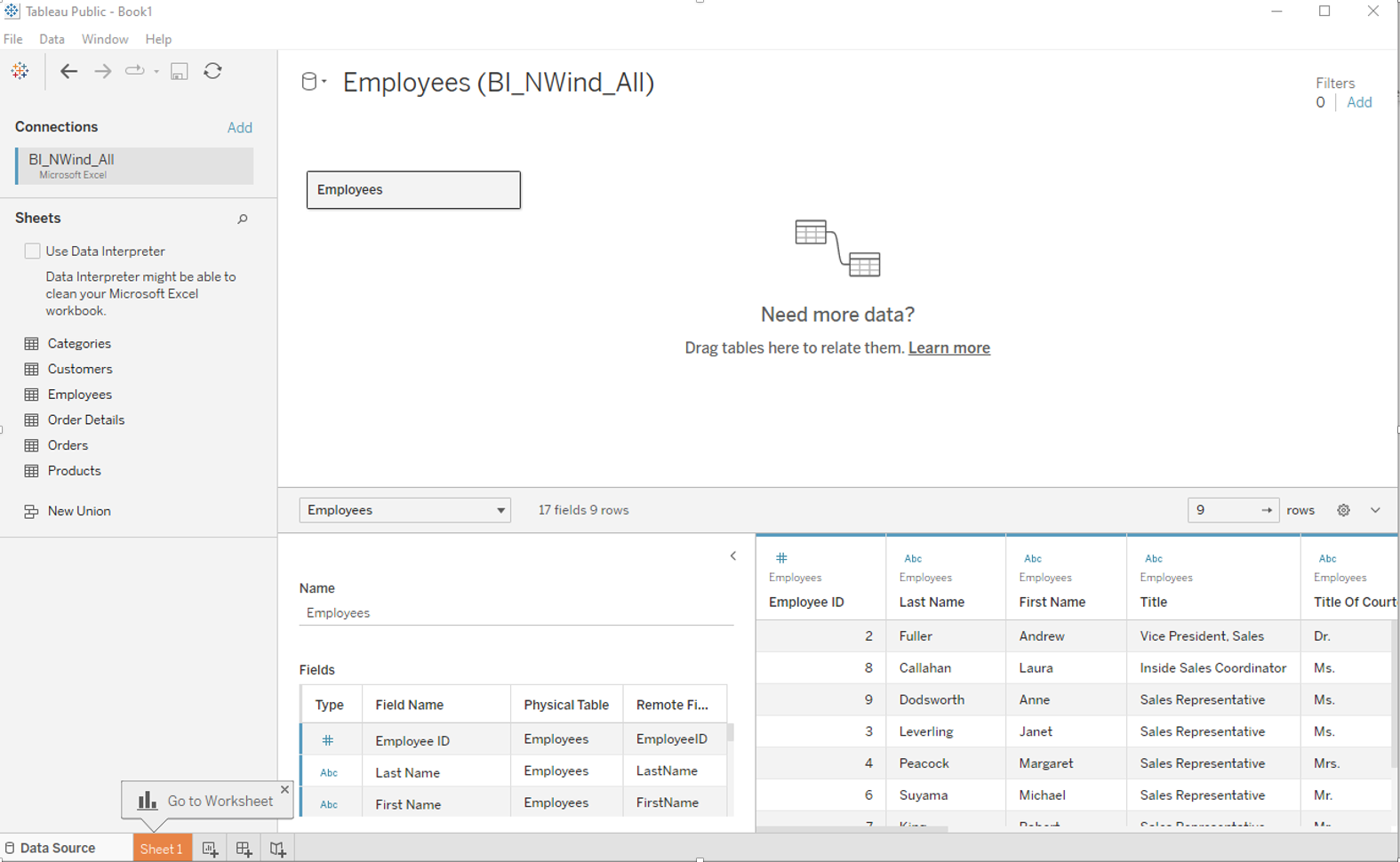 Screenshot showing the data source connection view in Tableau.