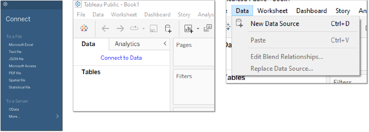 Tableau drop down menu with all types of files and images of the Connect to data option (in blue) and the New data source option