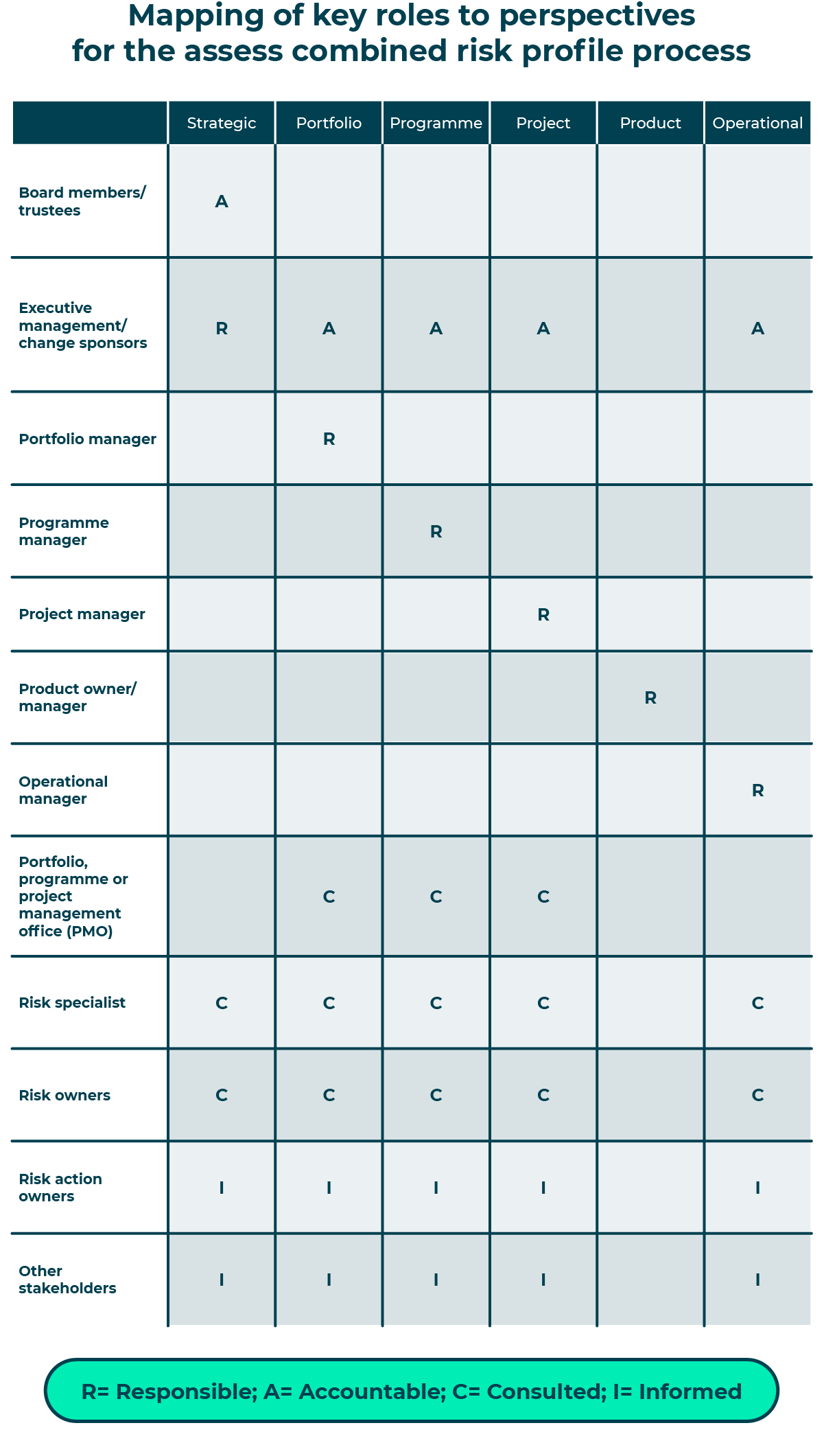 RACI diagram. It presents a list of key roles in the first column followed by the six perspectives, each in a separate column containing involvement indicators.