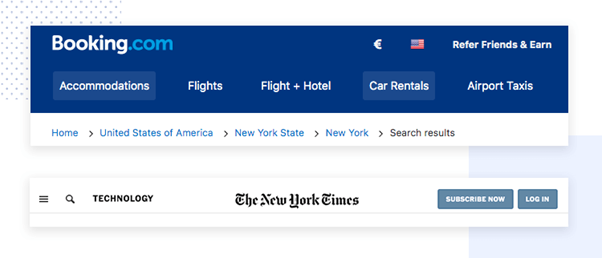 Two screenshots of websites: one from Booking.com and one from the New York Times