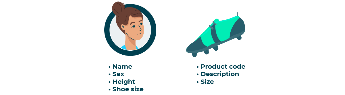 Decorative image: Image showing attributes of entities, for example attributes of a person can be a name, sex, height, shoe size. Attributes of a thing such as product code, description, size